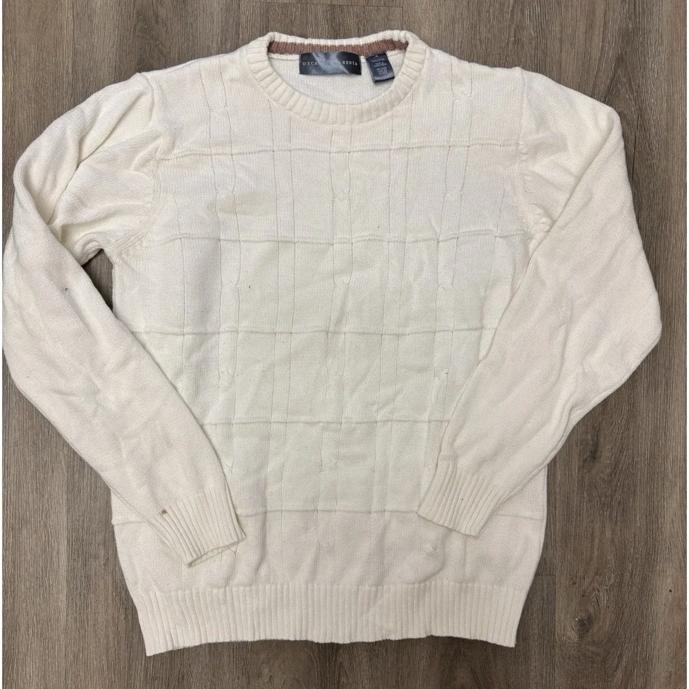 Oscar de la‎ Renta Mens Cable Knit Sweater Cream Cotton Size M Stained